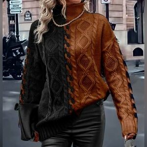 Elegant Long Sleeve Block & Brown/Carmel Turtleneck Sweater, NWOT